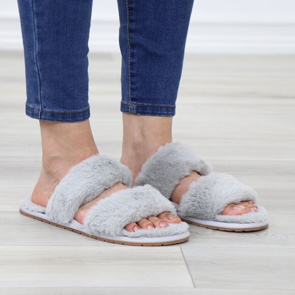 Grey Puff Fuzzy Furry Fluffy Slip On Plush Slippers Double Strap - Picture 3 of 13